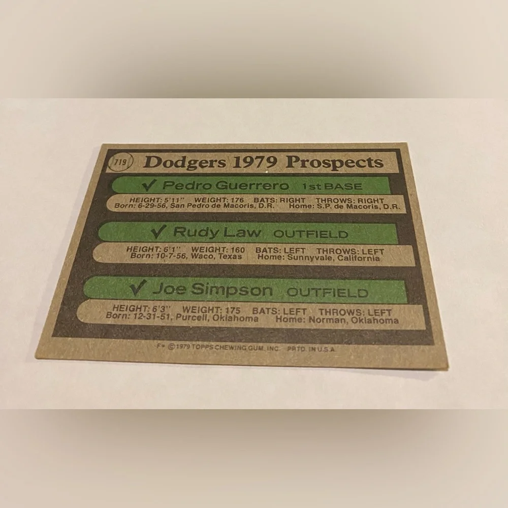 Pedro Guerrero/Rudy Law/ Joe Simpson Topps 1979 Dodgers Prospects Baseball